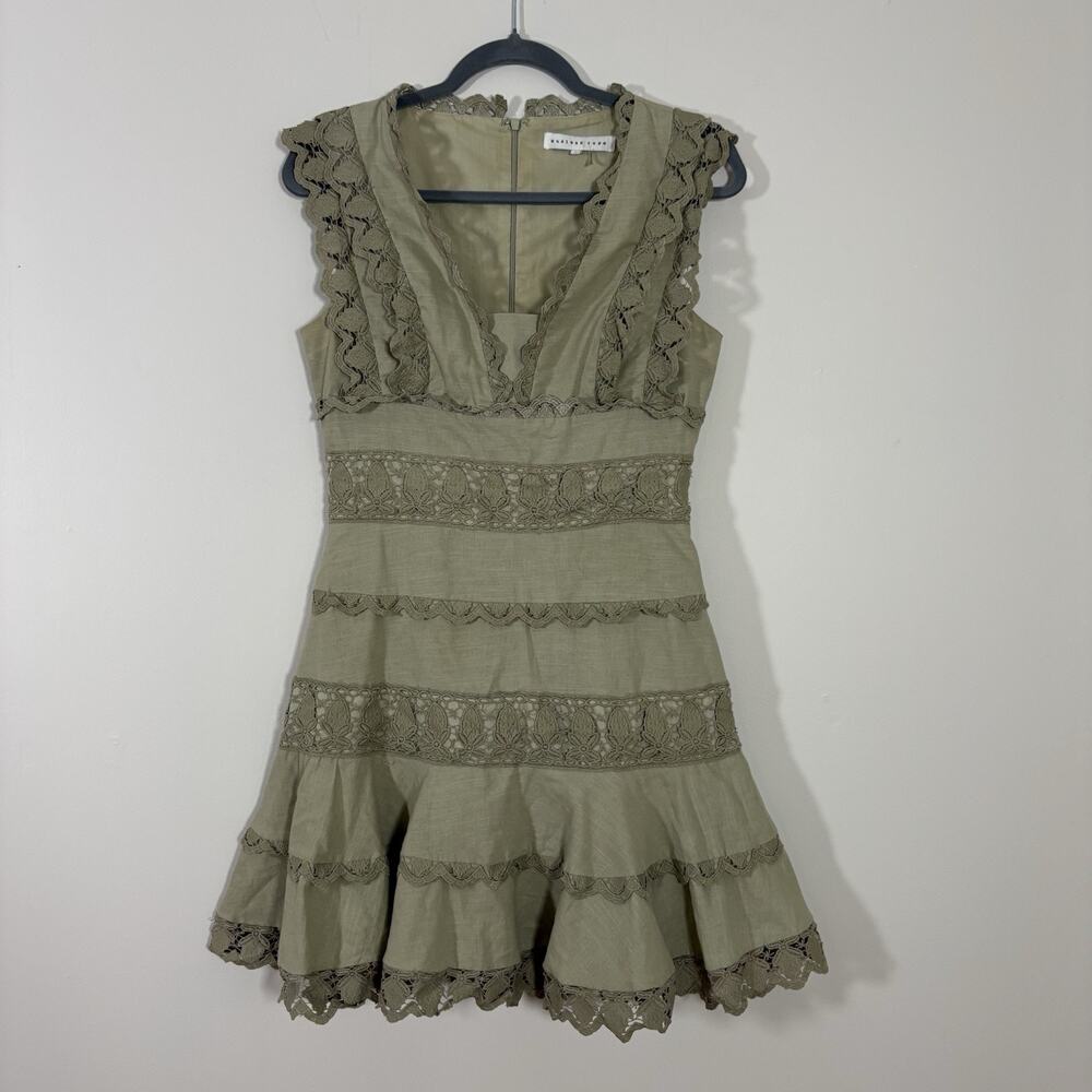 Endless Rose Plunging V-Neck Lace Trim Tiered Mini Dress Sage Green S Boho Fairy - Picture 7 of 13